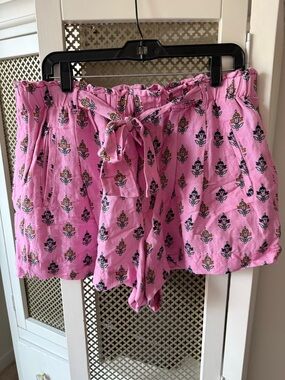 Anthropologie Belted Shorts Floral Printed Pink pocket ruffle pull on Large